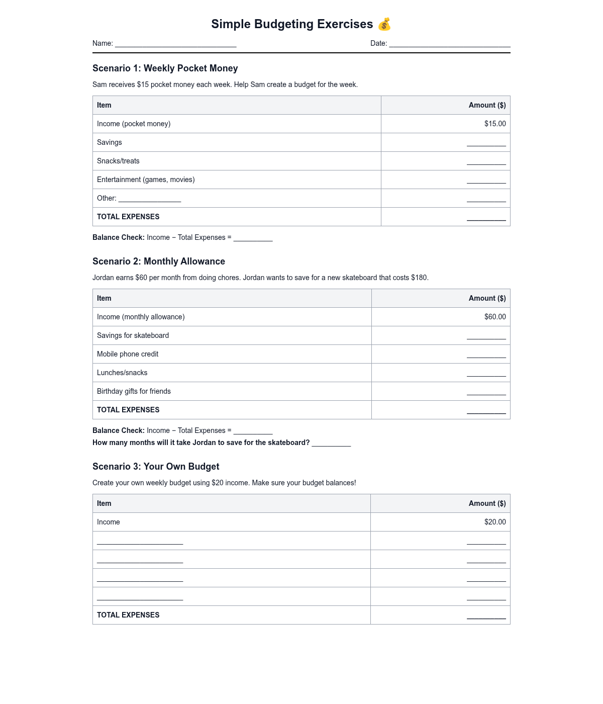 Simple Budgeting Exercises