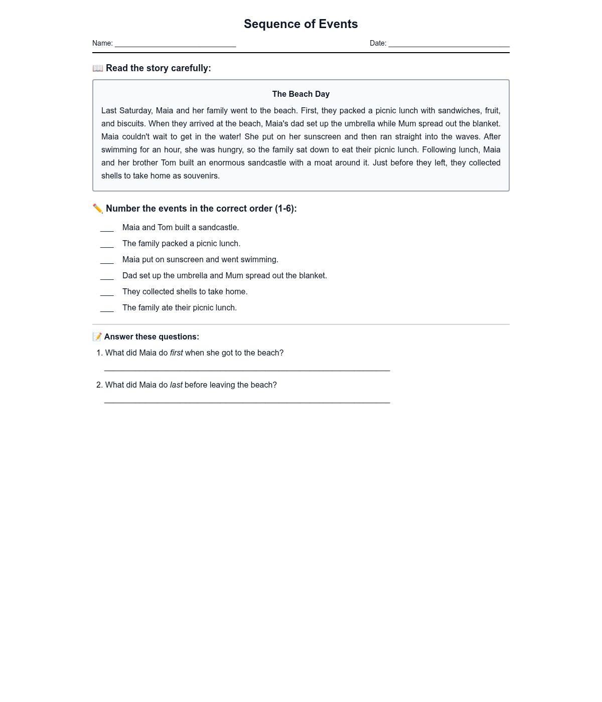 Sequence of Events Worksheet