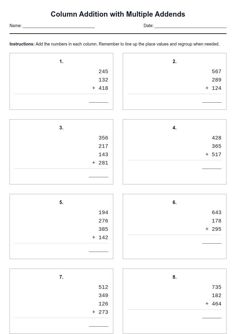 Column Addition with Multiple Addends