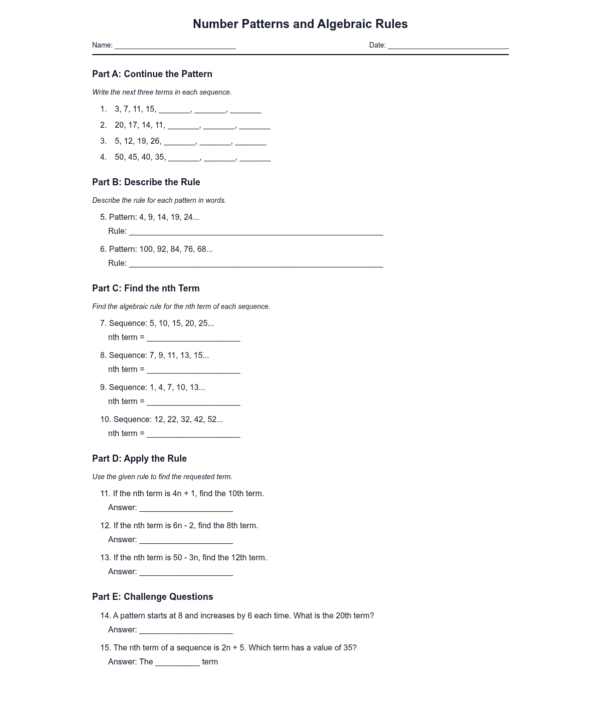 Number Patterns and Algebraic Rules