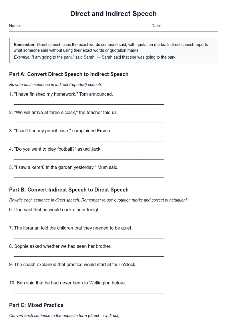 Direct and Indirect Speech Conversion Practice