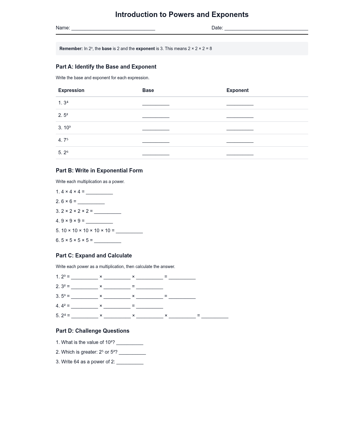 Introduction to Powers and Exponents