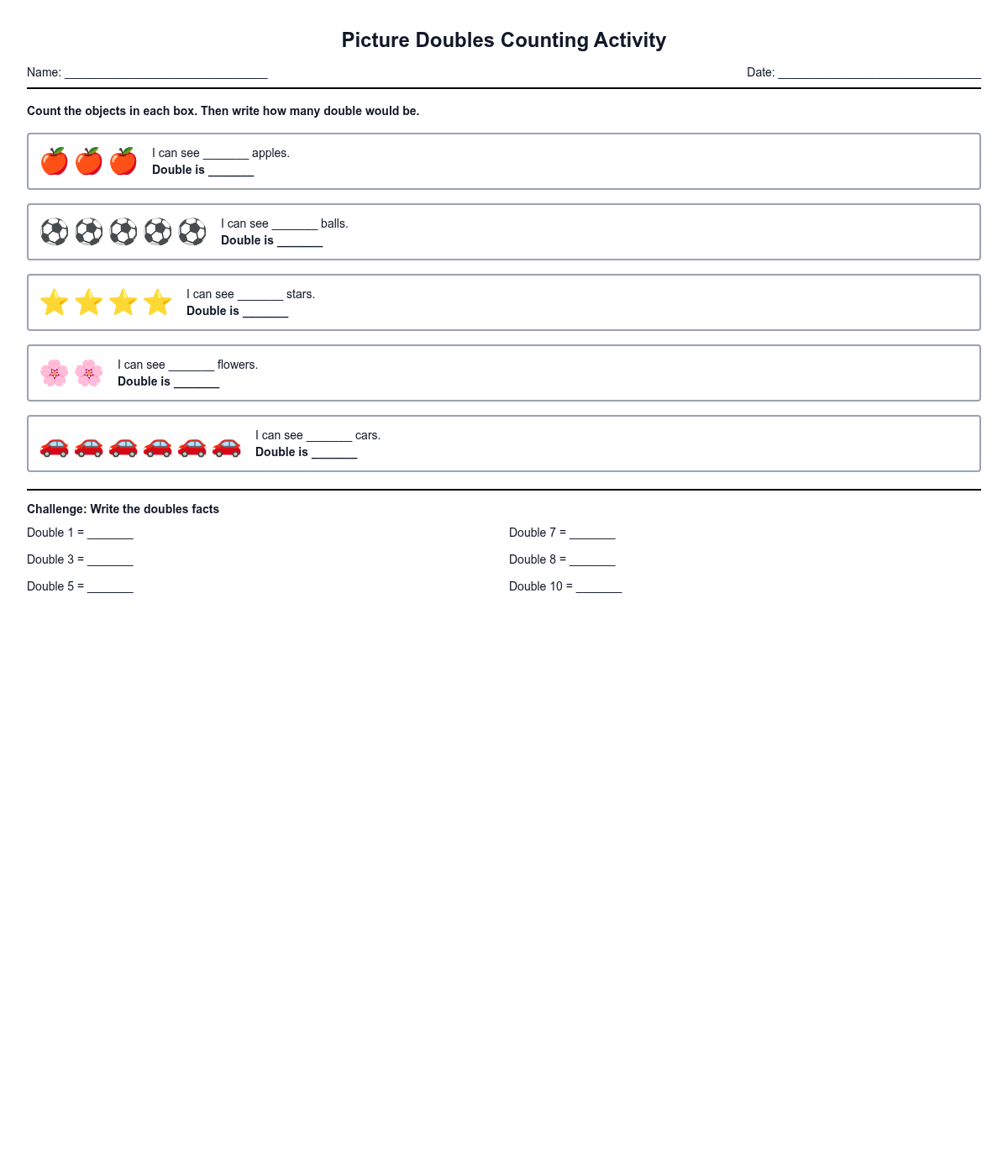 Picture Doubles Counting Activity