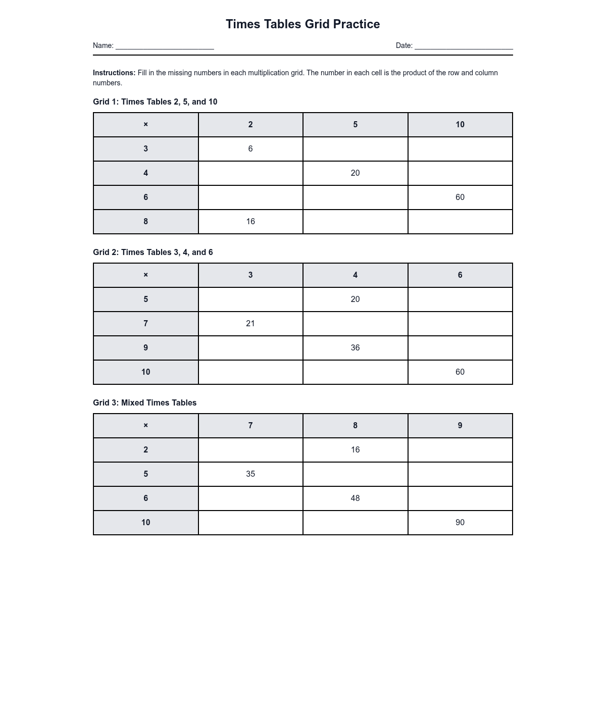 Times Tables Grid Practice