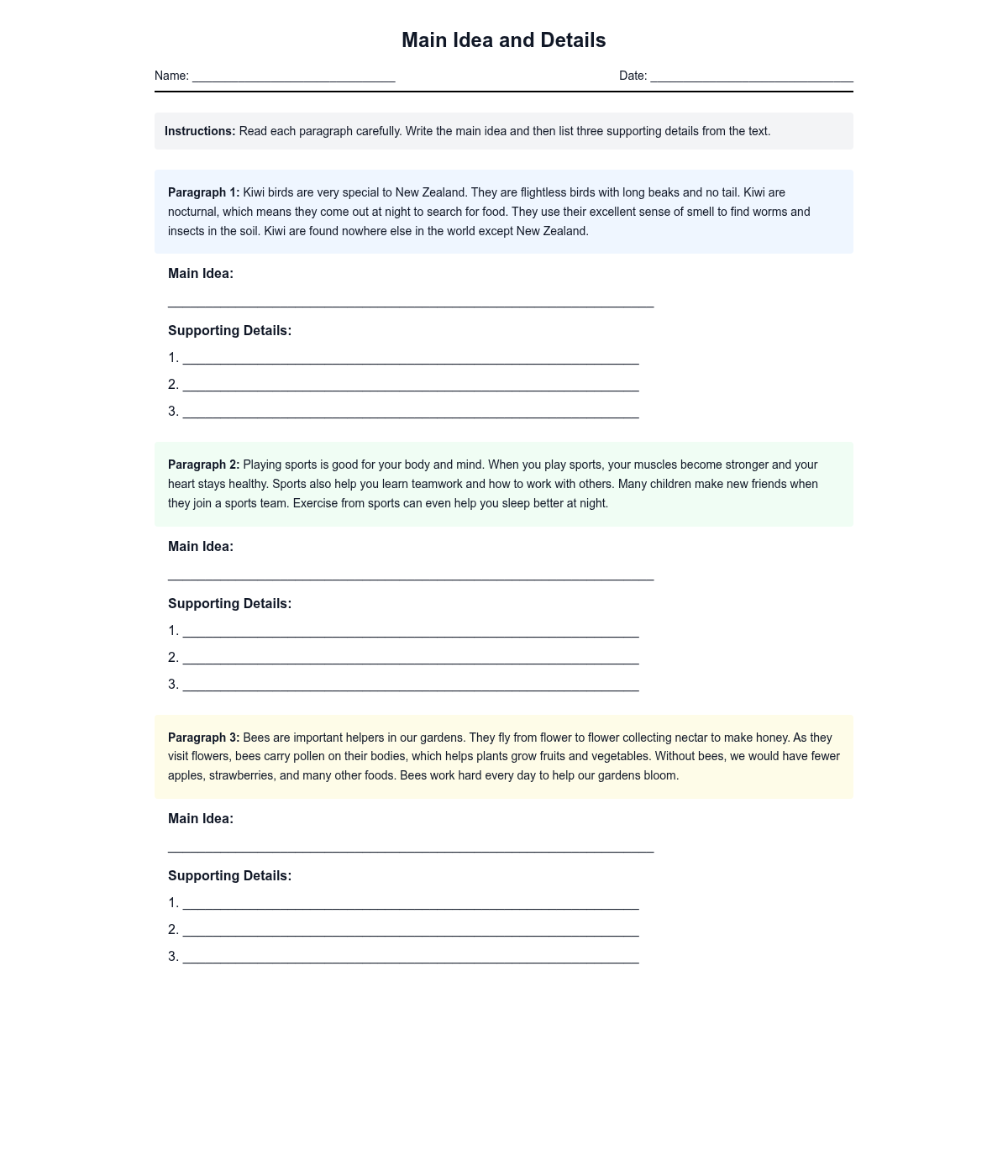 Main Idea and Details Reading Comprehension