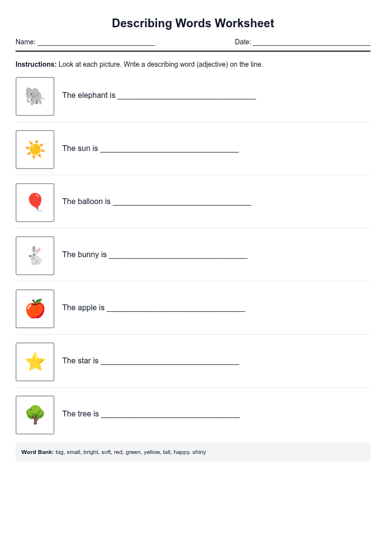 Describing Words Worksheet