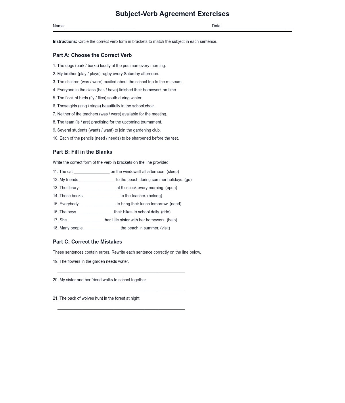 Subject-Verb Agreement Exercises