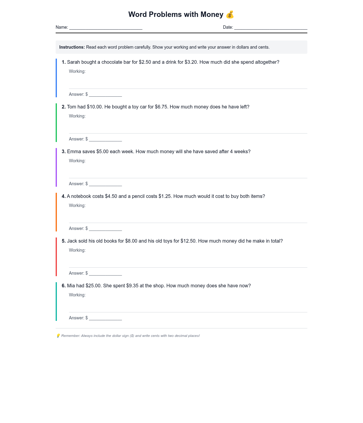 Word Problems with Money