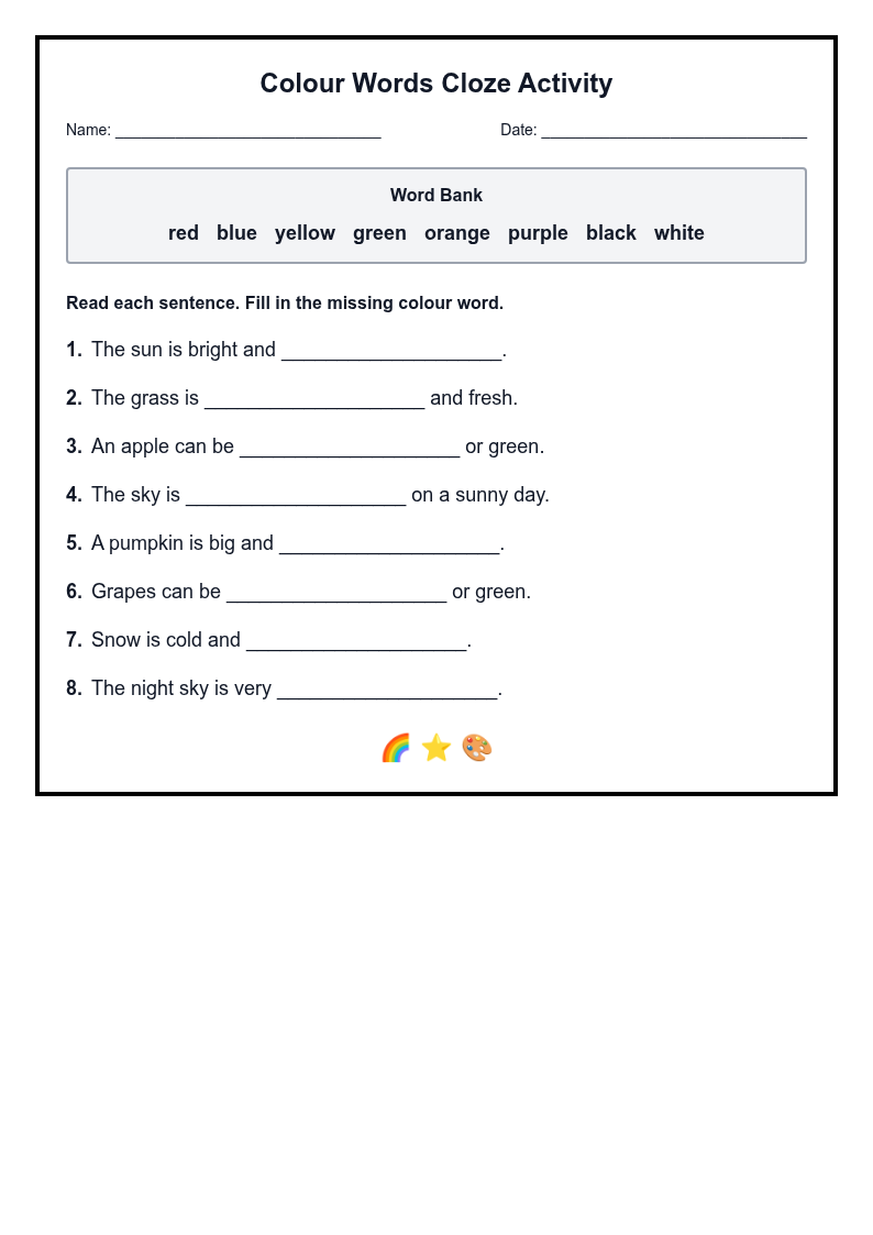 Colour Words Cloze Activity