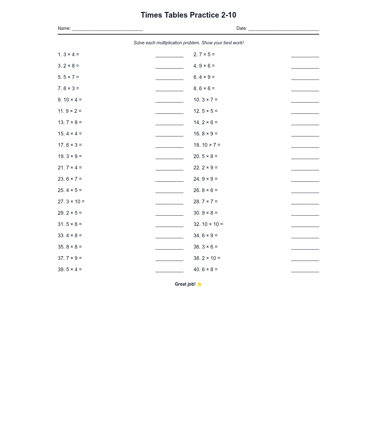 Times Tables Practice 2-10