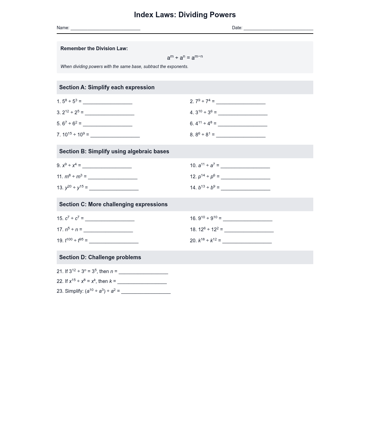 Index Laws: Dividing Powers