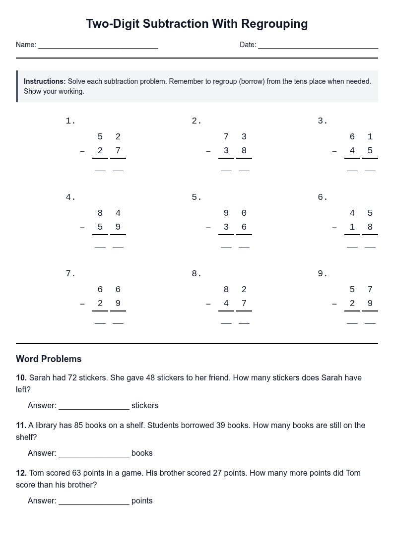 Two-Digit Subtraction With Regrouping