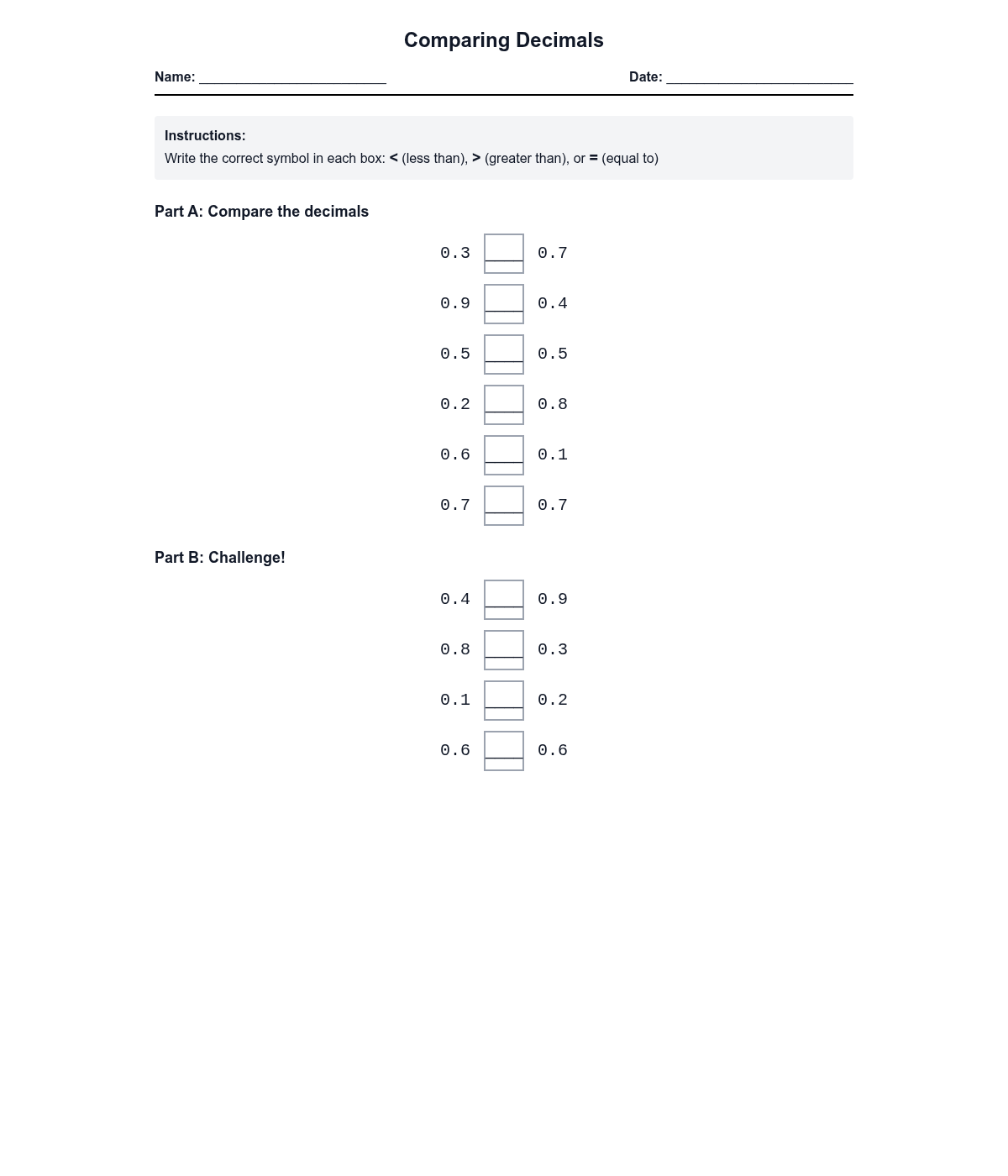 Comparing Decimals with Greater and Less Than