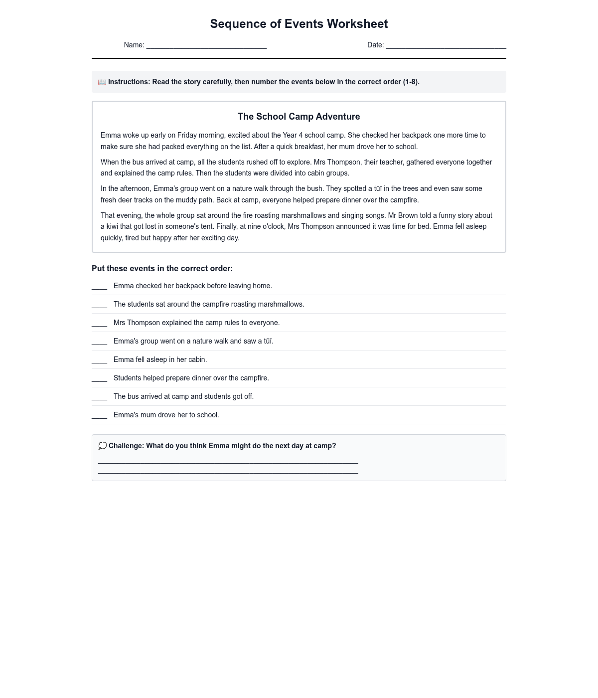Sequence of Events Worksheet