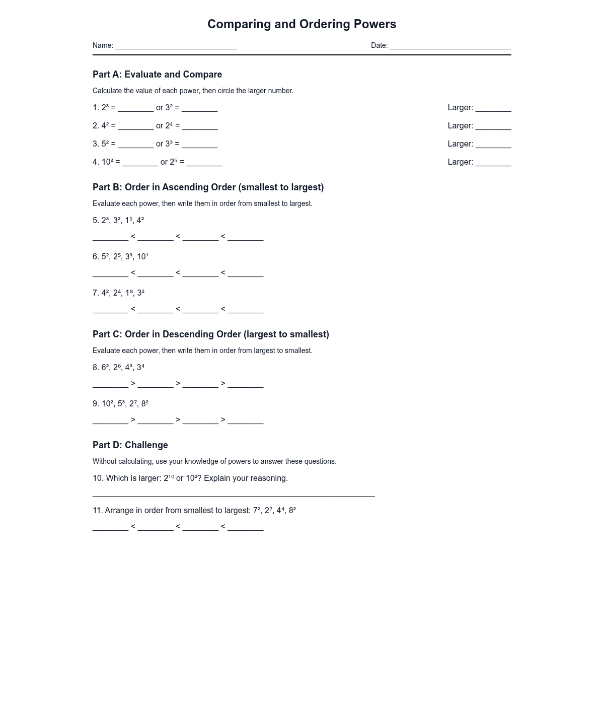 Comparing and Ordering Powers