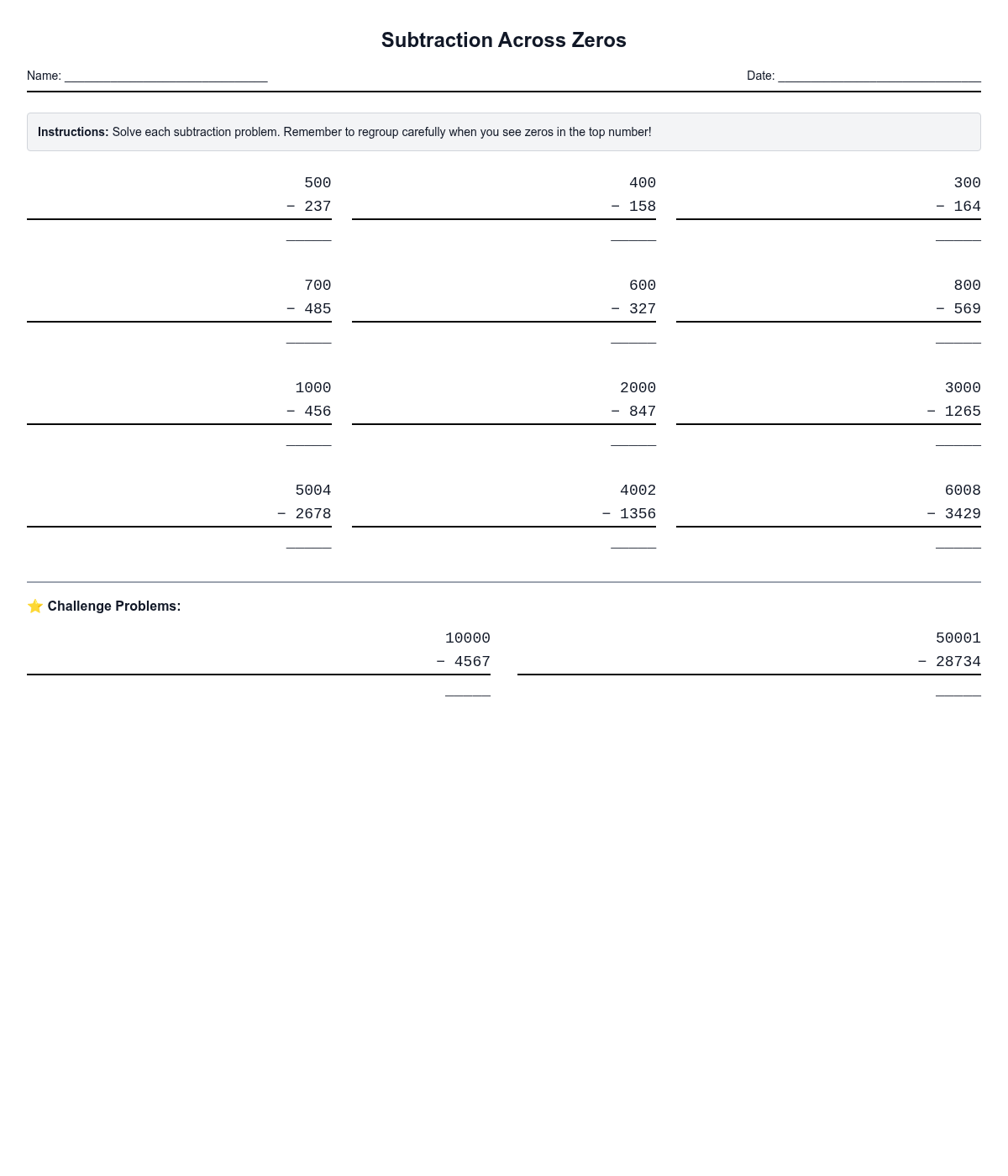 Subtraction Across Zeros