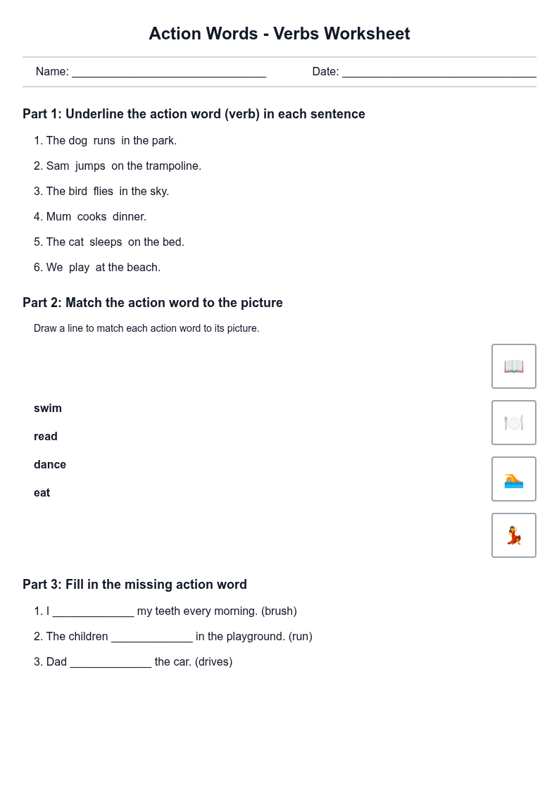 Action Words - Verbs Worksheet