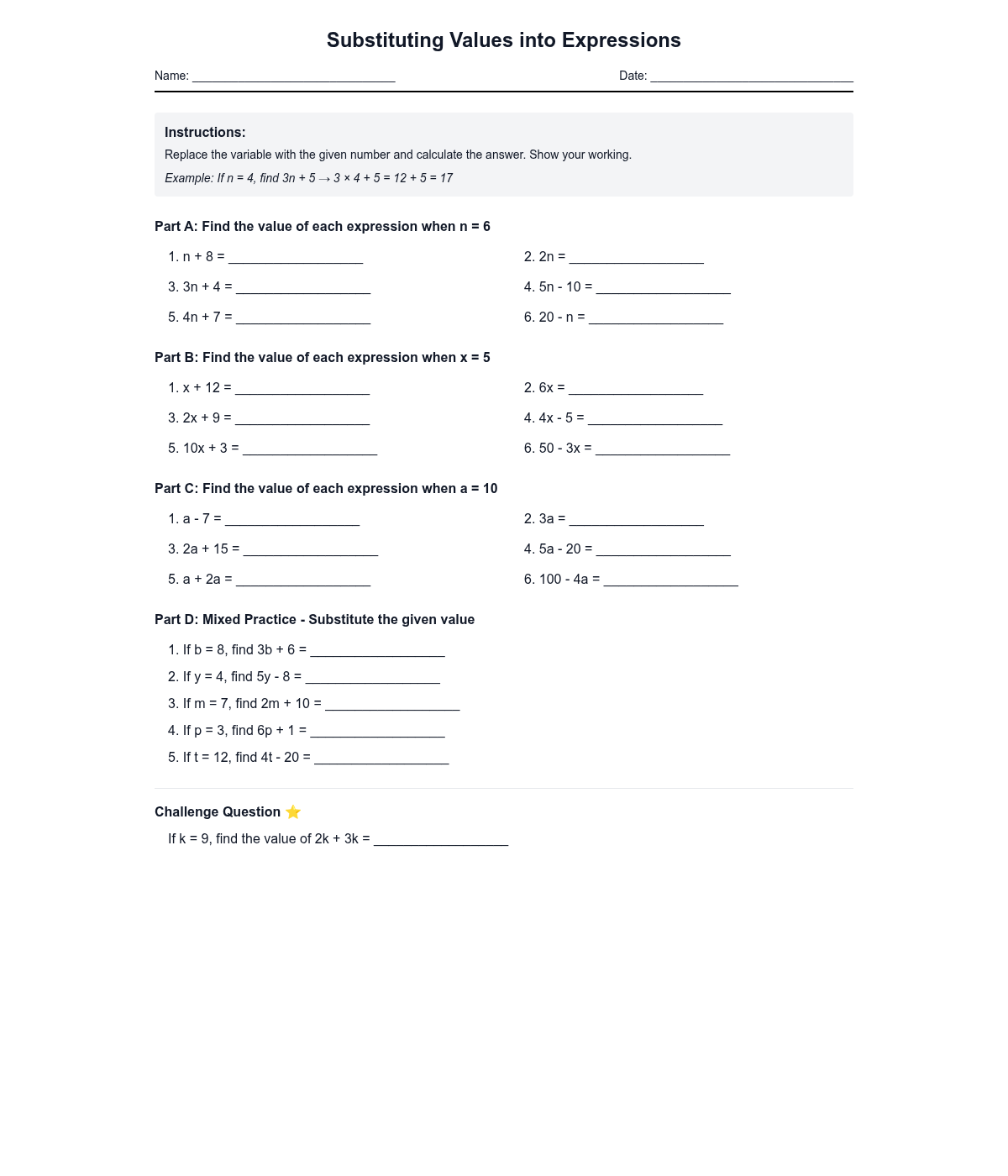 Substituting Values into Expressions