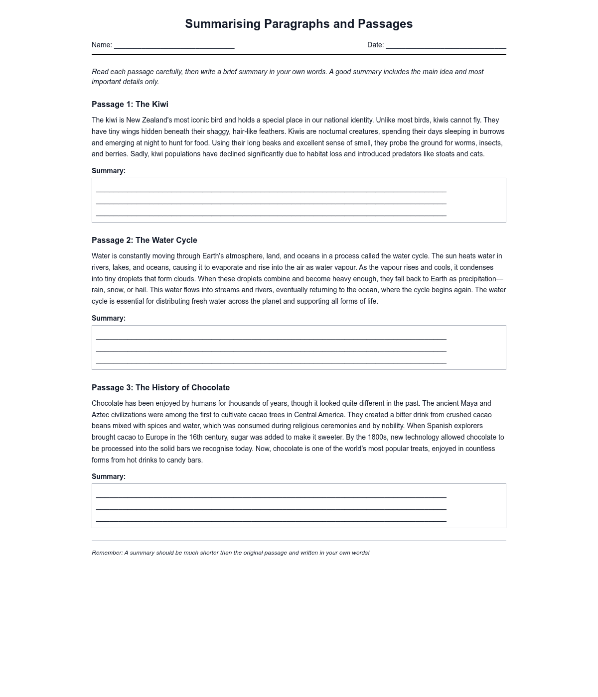 Summarising Paragraphs and Passages