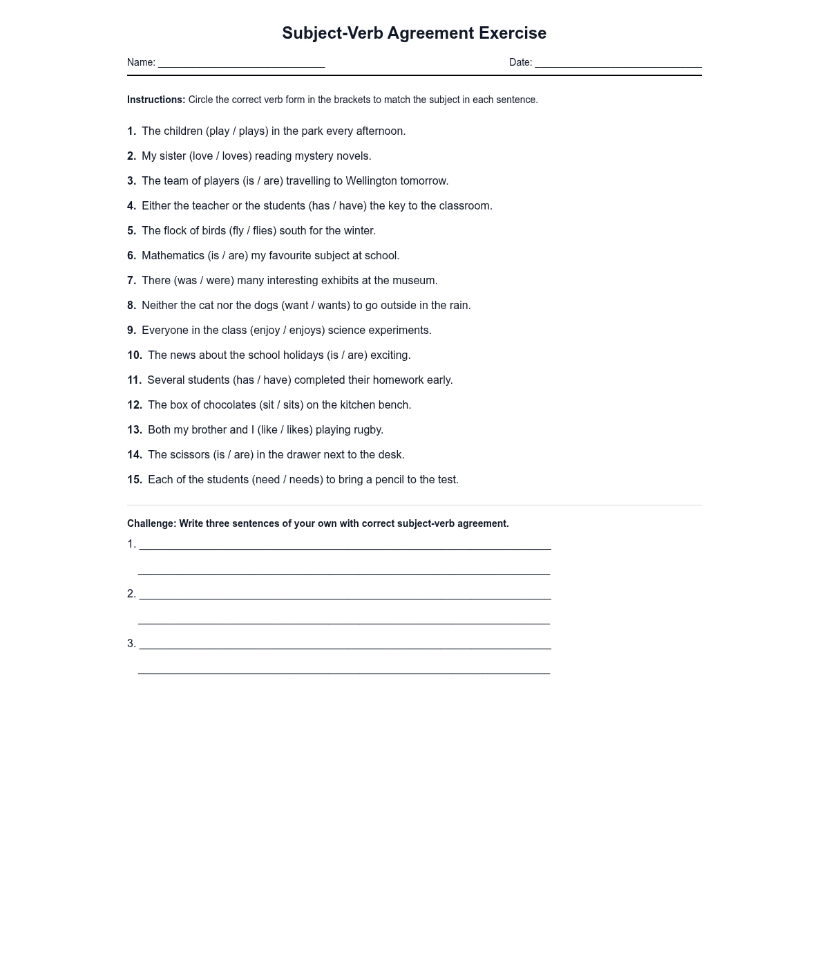 Subject-Verb Agreement Exercise