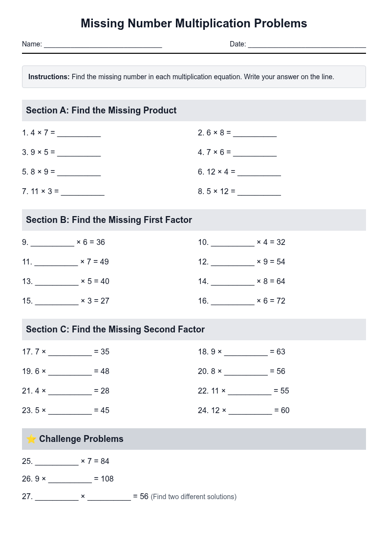 Missing Number Multiplication Problems