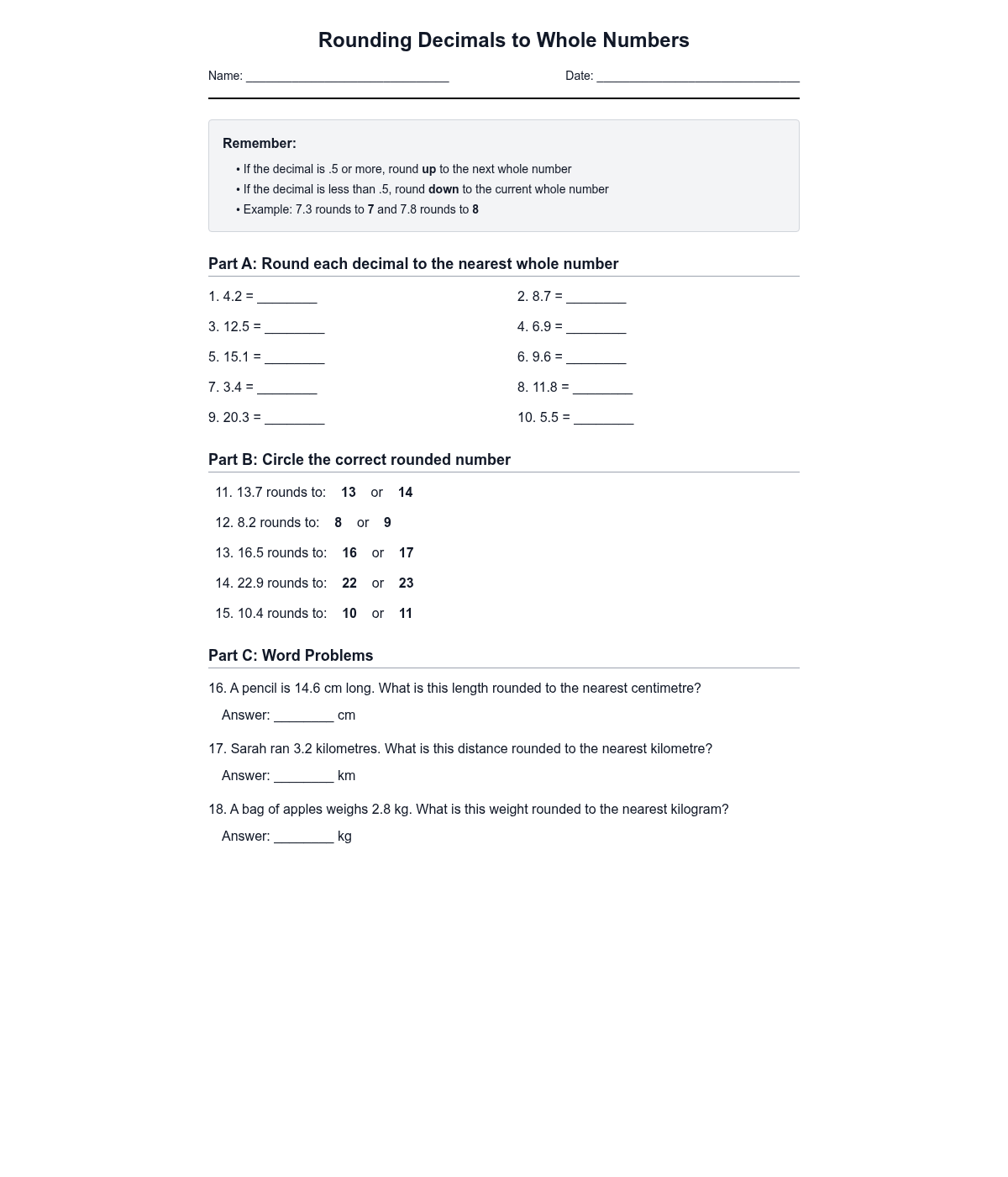 Rounding Decimals to Whole Numbers
