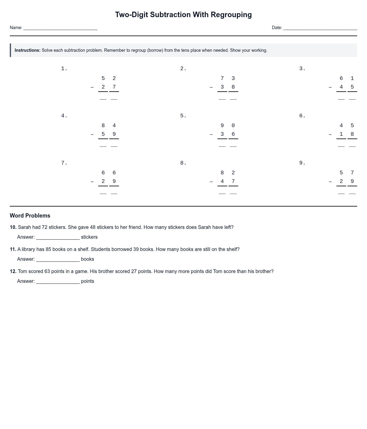 Two-Digit Subtraction With Regrouping