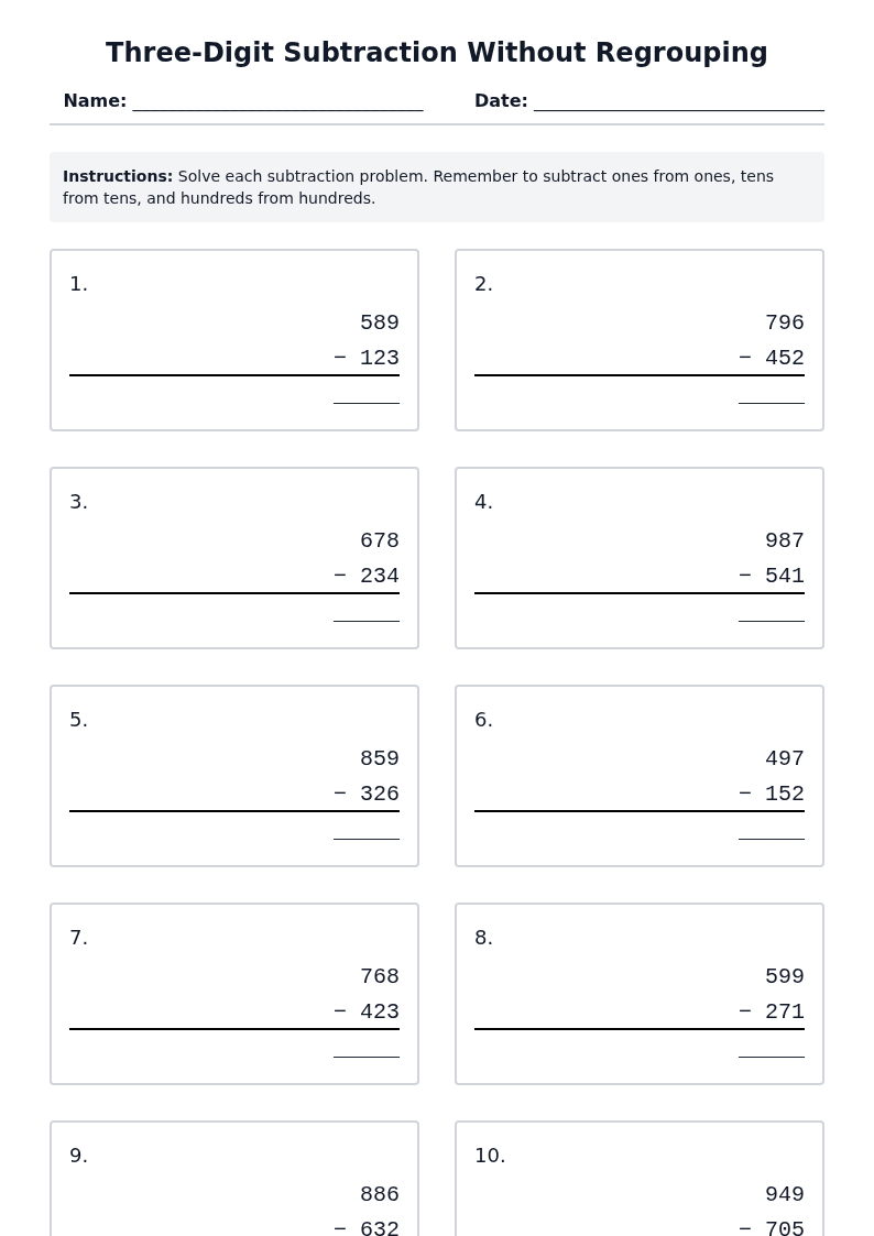 Three-Digit Subtraction Without Regrouping