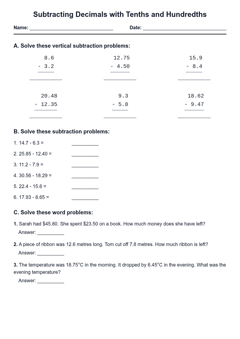 Subtracting Decimals with Tenths and Hundredths