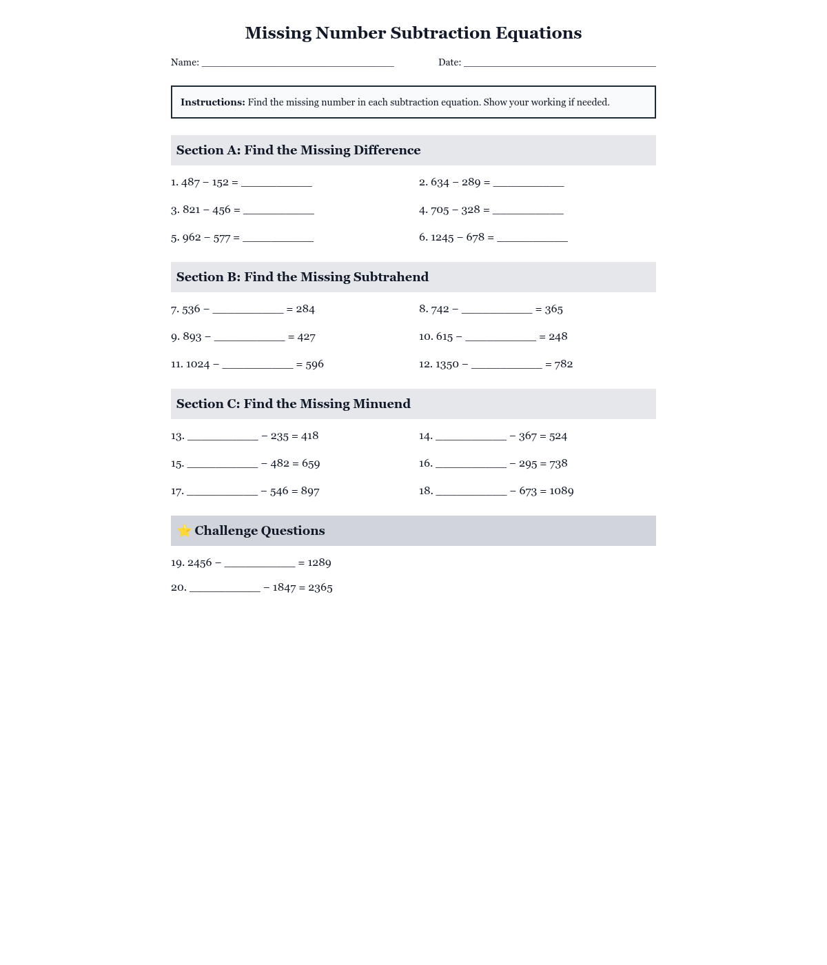Missing Number Subtraction Equations