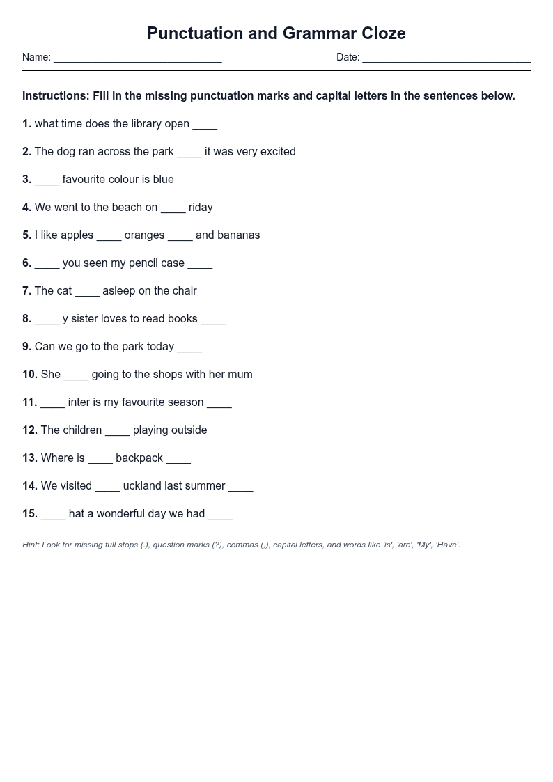 Punctuation and Grammar Cloze