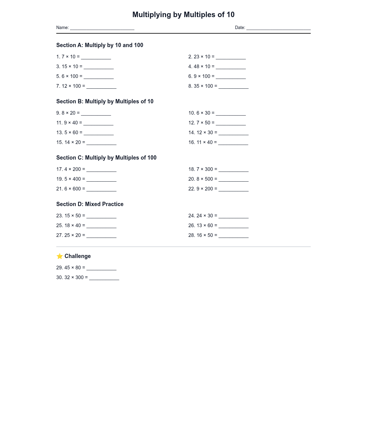 Multiplying by Multiples of 10