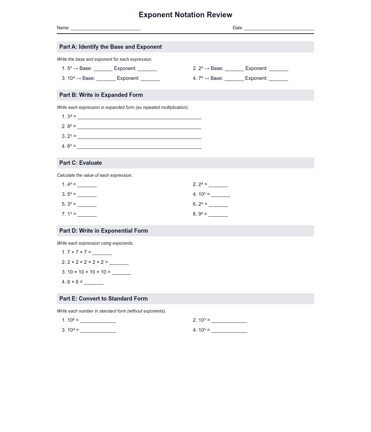 Exponent Notation Review