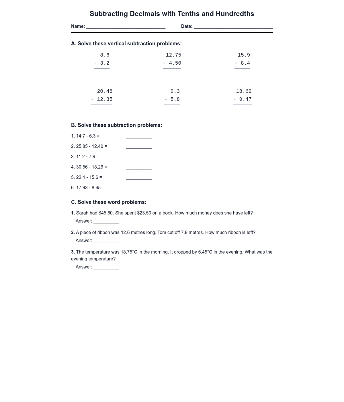 Subtracting Decimals with Tenths and Hundredths