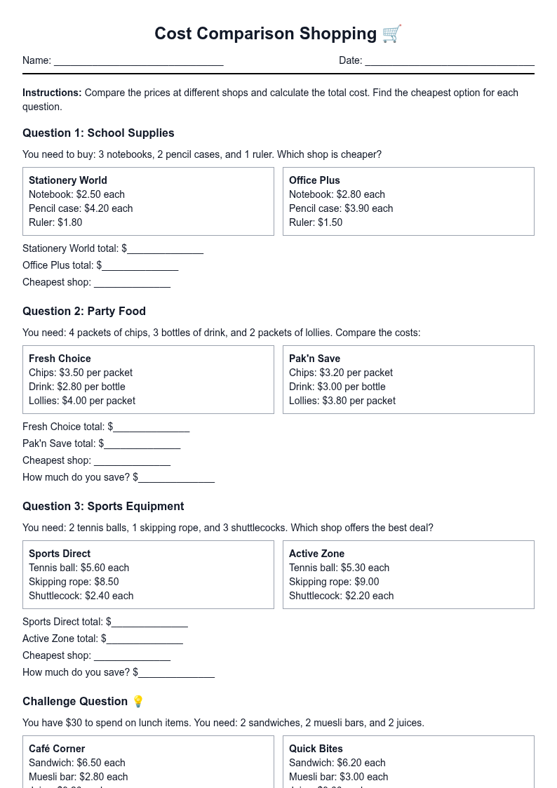 Cost Comparison Shopping