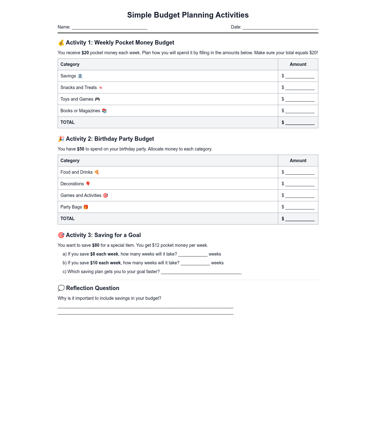 Simple Budget Planning Activities