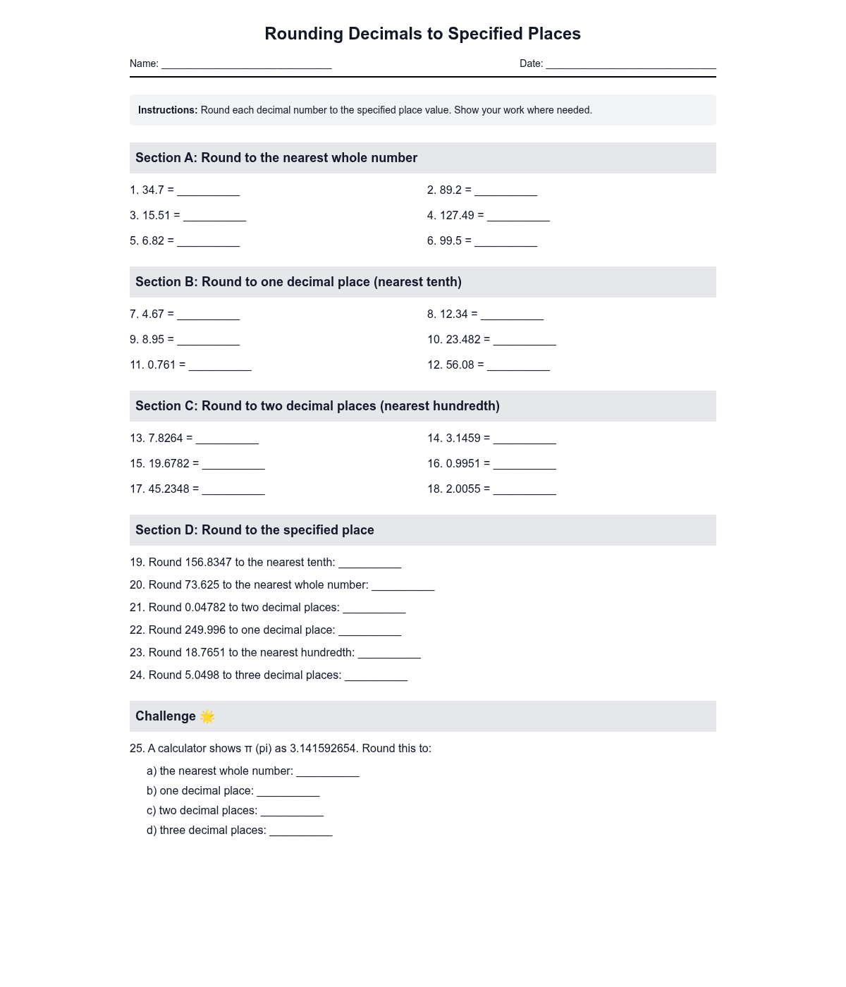 Rounding Decimals to Specified Places