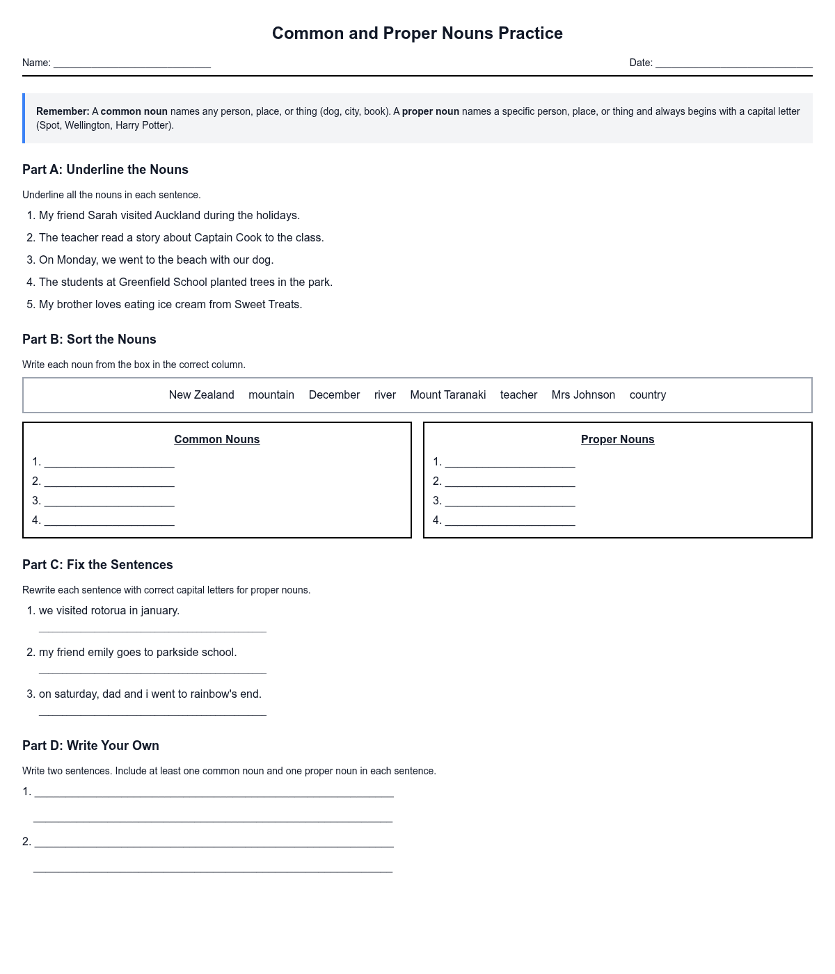 Common and Proper Nouns Practice