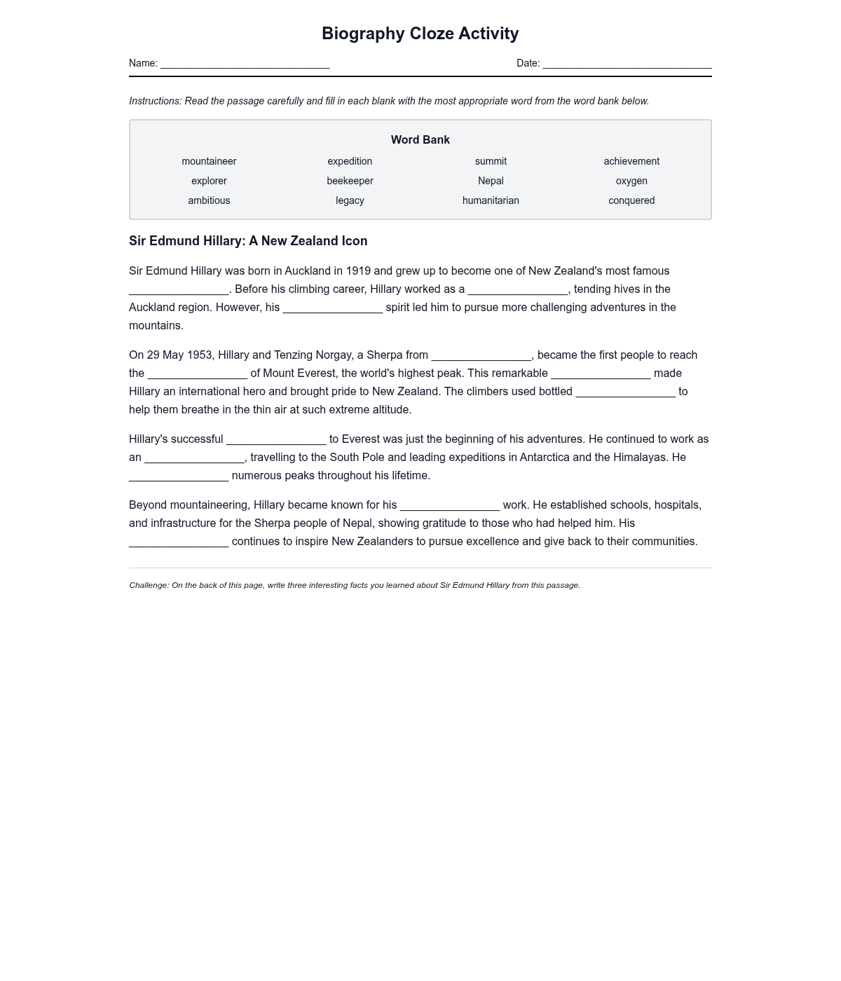 Biography Cloze Activity - Famous New Zealander