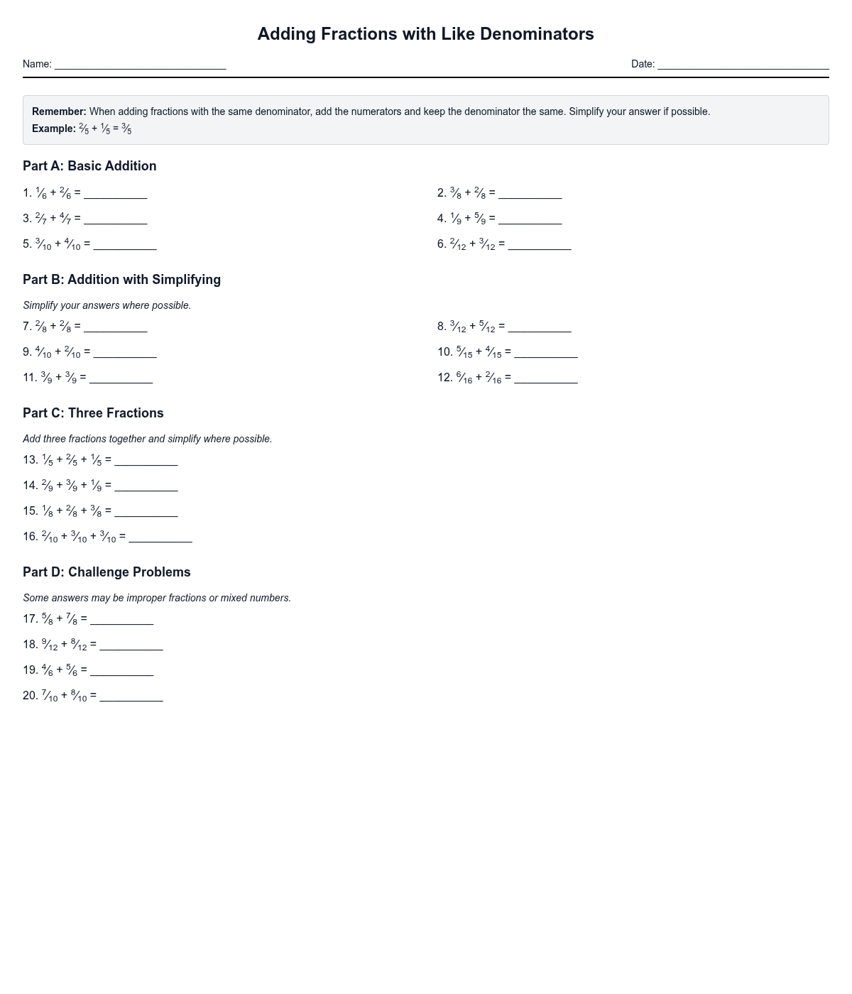 Adding Fractions with Like Denominators