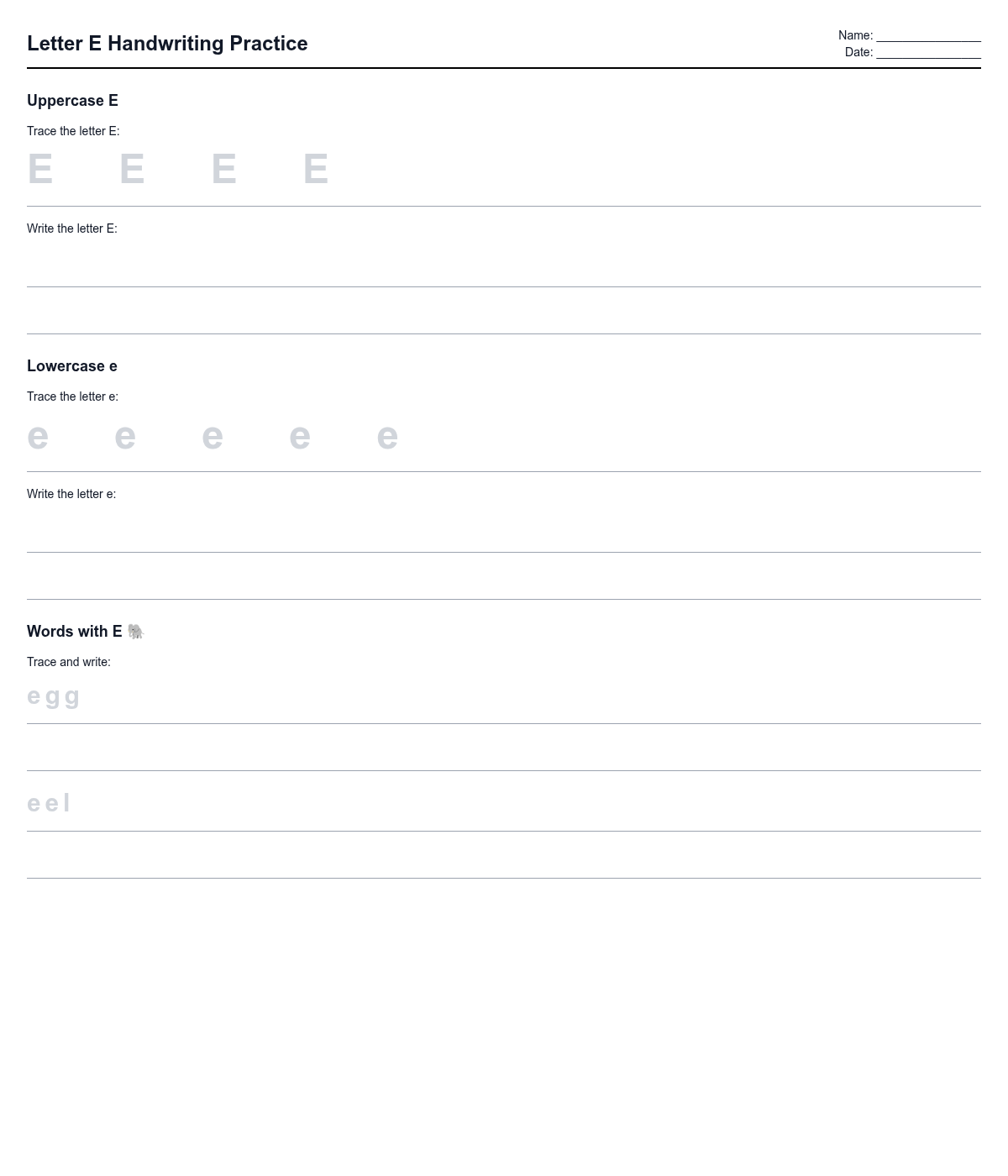 Letter E Handwriting Practice