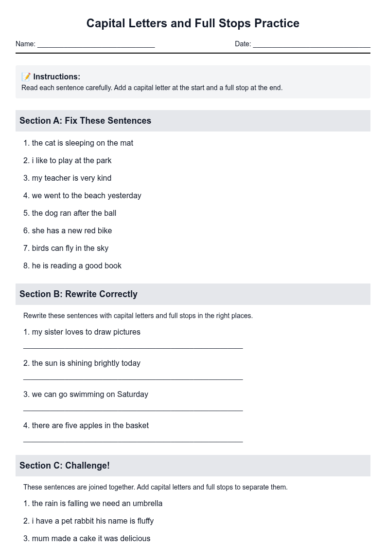 Capital Letters and Full Stops Practice