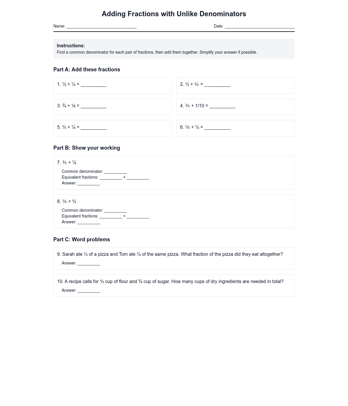 Adding Fractions with Unlike Denominators