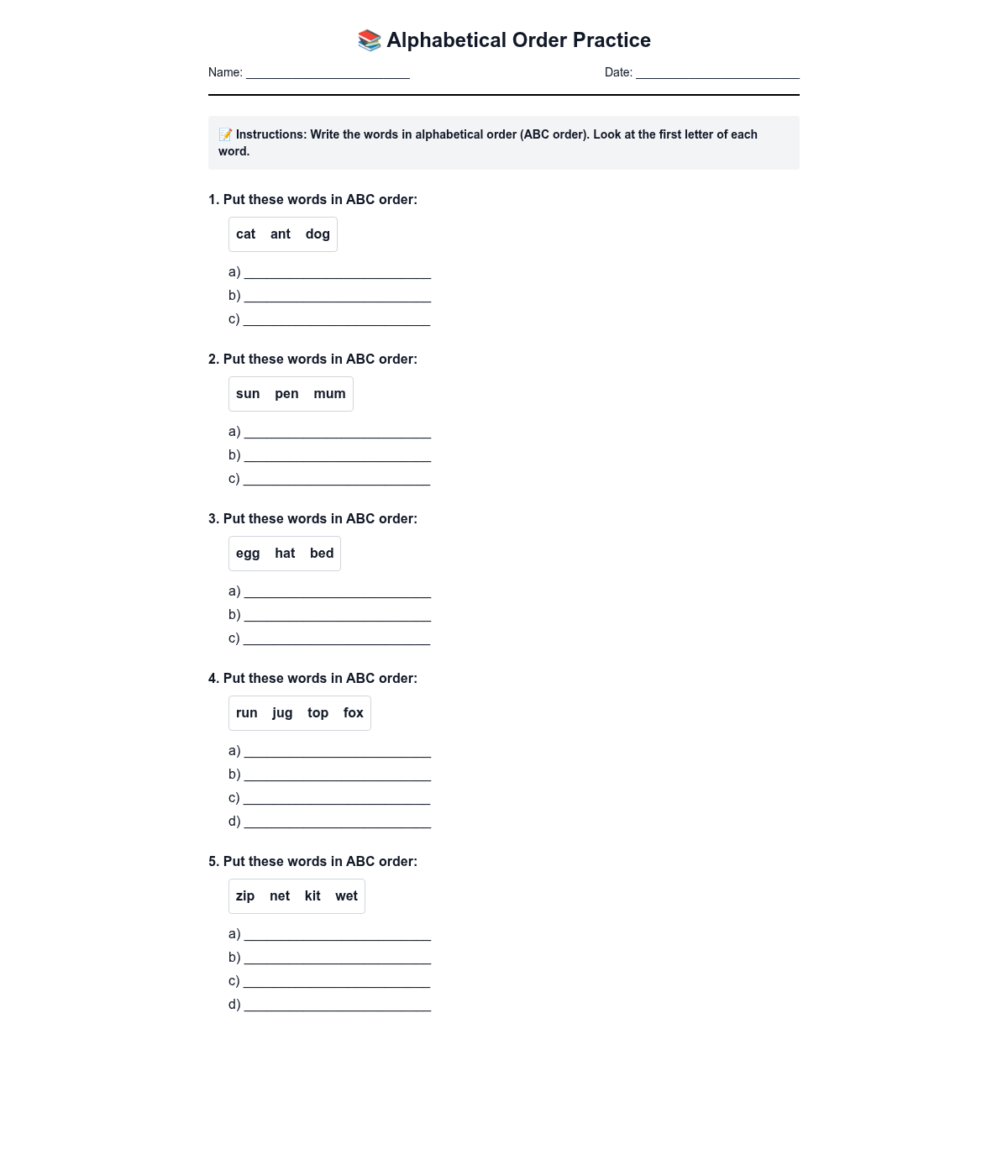 Alphabetical Order Practice