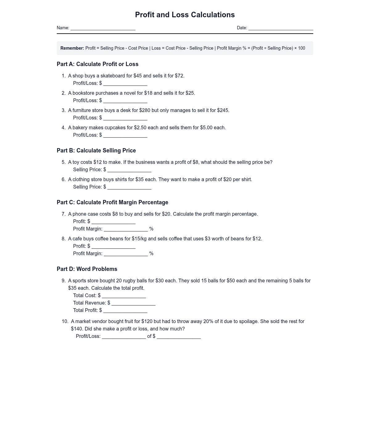 Profit and Loss Calculations