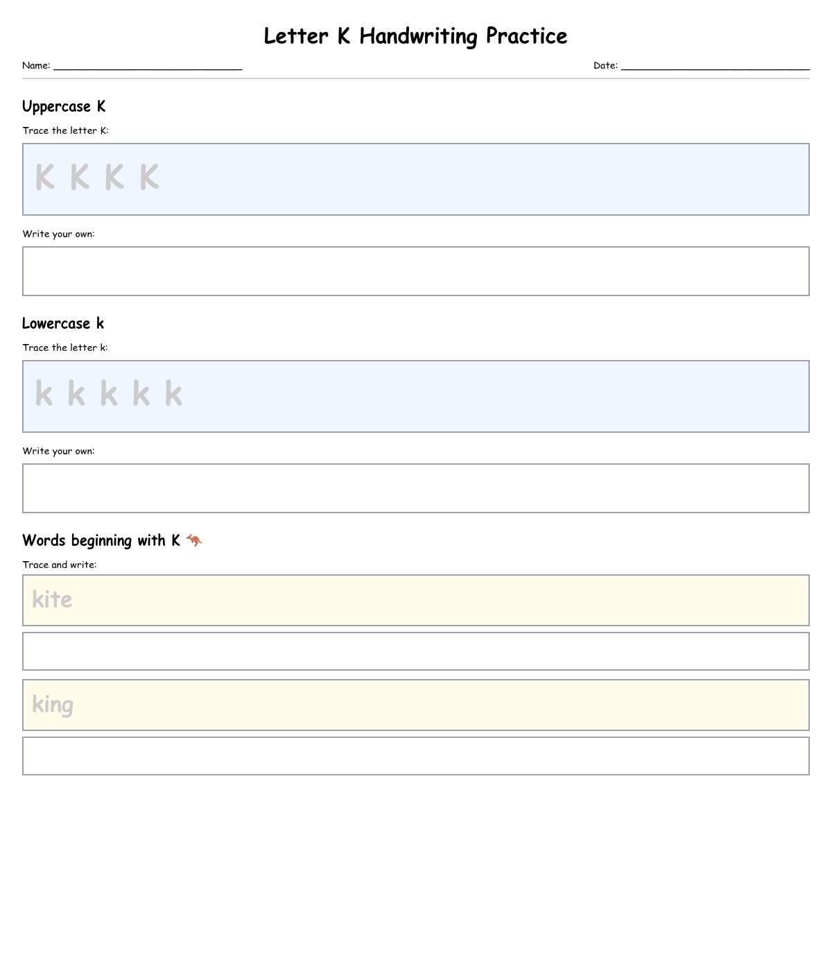 Letter K Handwriting Practice