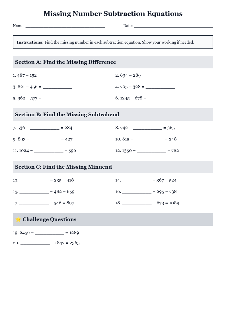 Missing Number Subtraction Equations