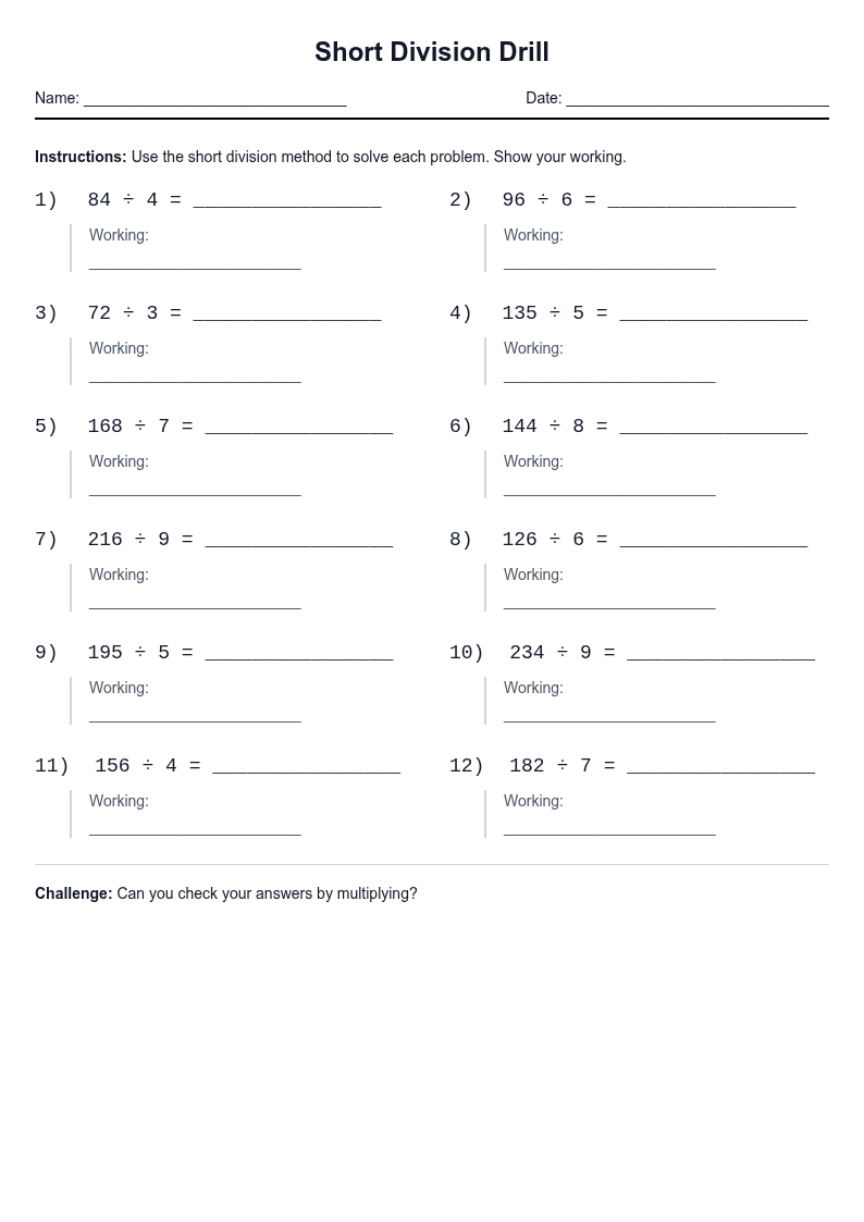 Short Division Drill