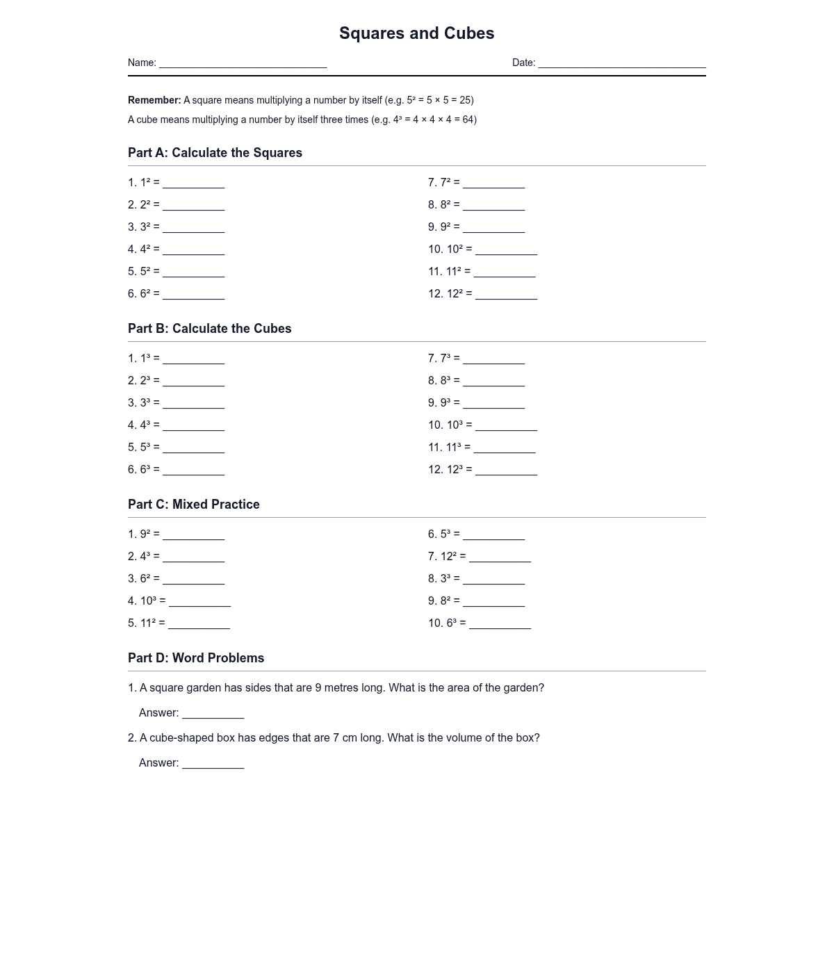 Squares and Cubes Practice Worksheet