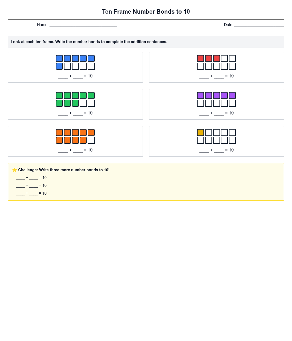 Ten Frame Number Bonds to 10